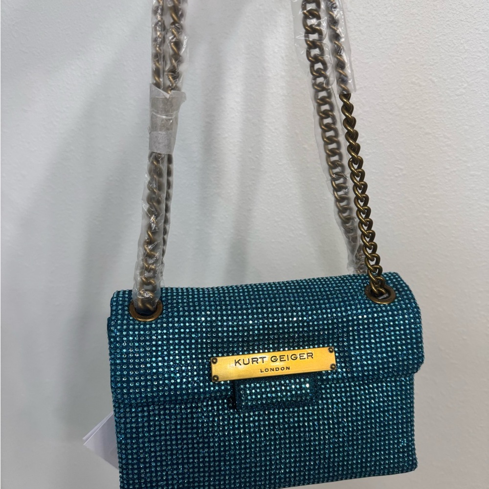 New 🆕 Kurt Geiger Turquoise Crystal Chain Shoulder Bag with Gold Hardware - Picture 9 of 10